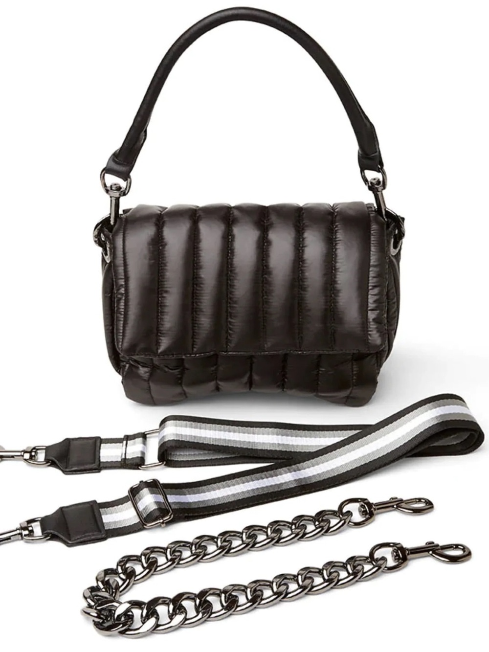 Think Royln Bar Bag- shiny black with chunky gunmetal strap + additional strap